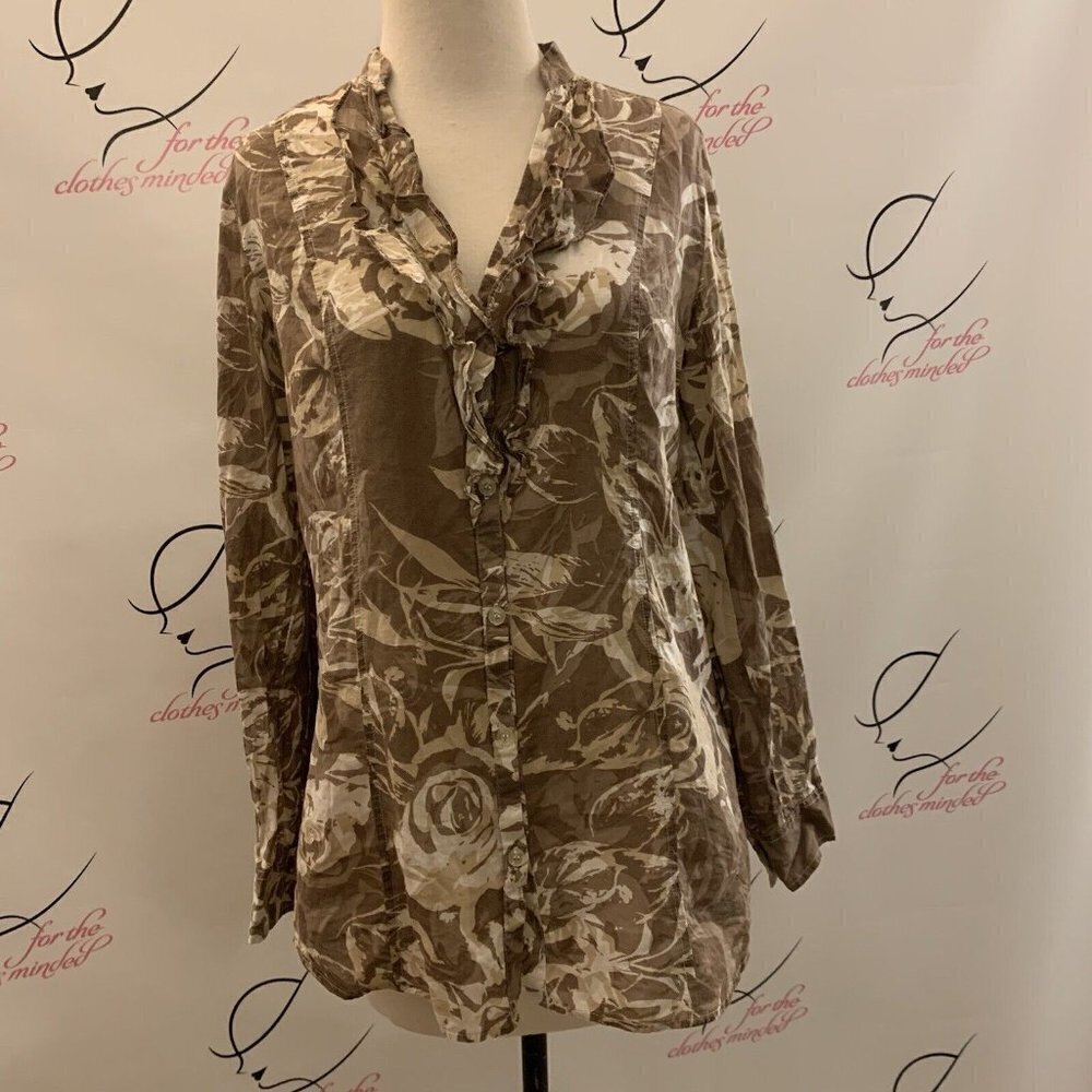 New York & Company. Size M. LS Cotton Ruffled Button Up Semi Sheer Top. B40